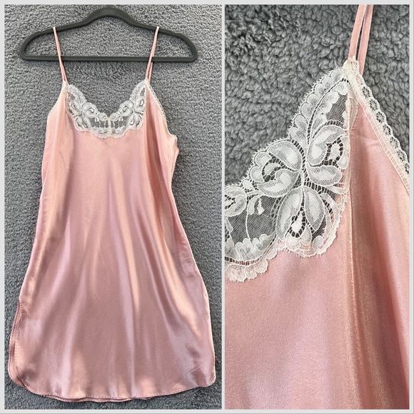 Vintage Dresses & Skirts - Vintage Light Pink Satin Slip Dress Lace Spaghetti Straps Size Small Coquette